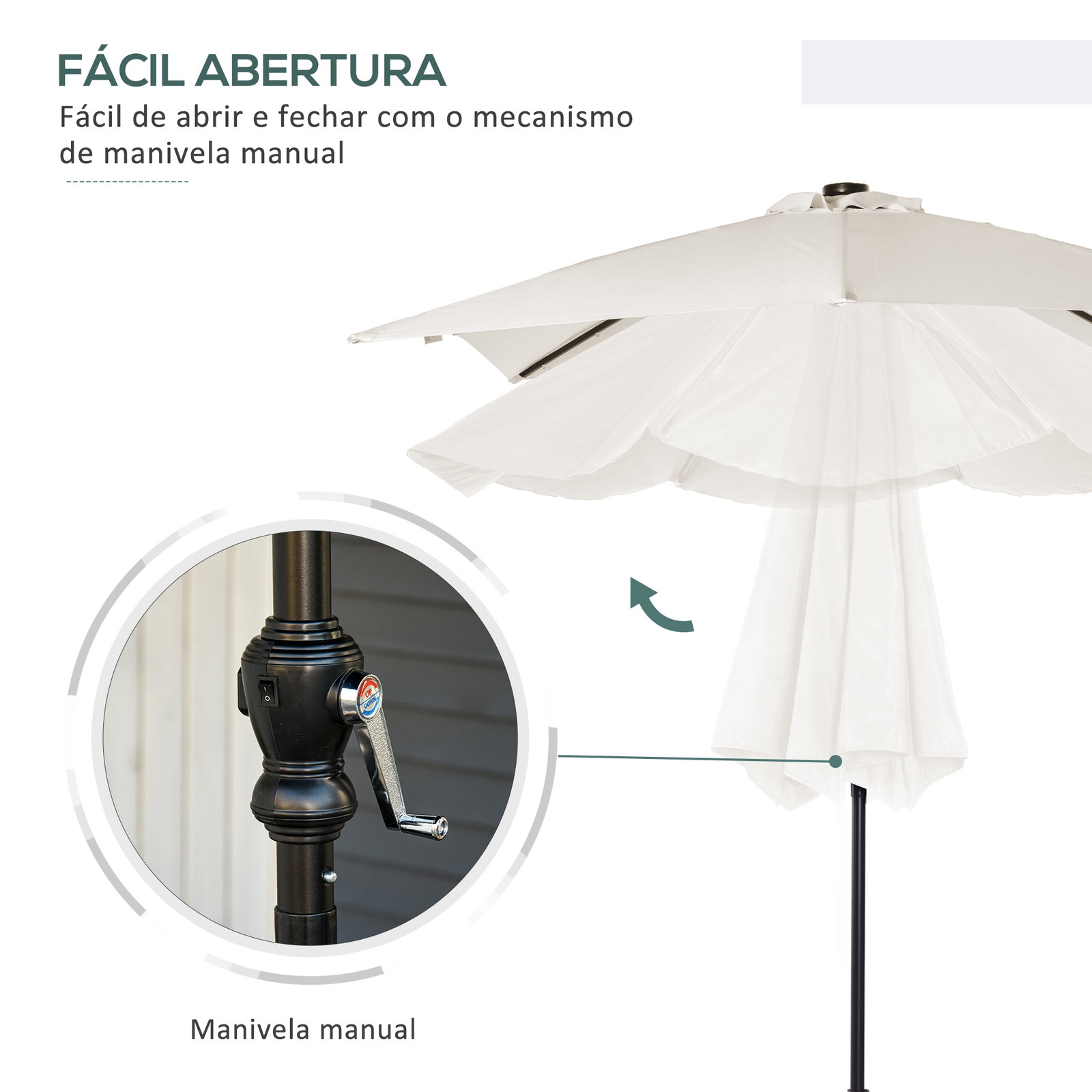 Chapéu de sol com luzes LED 268x205x248 cm chapéu de sol de jardim inclinável até 45° e abertura a manivela creme