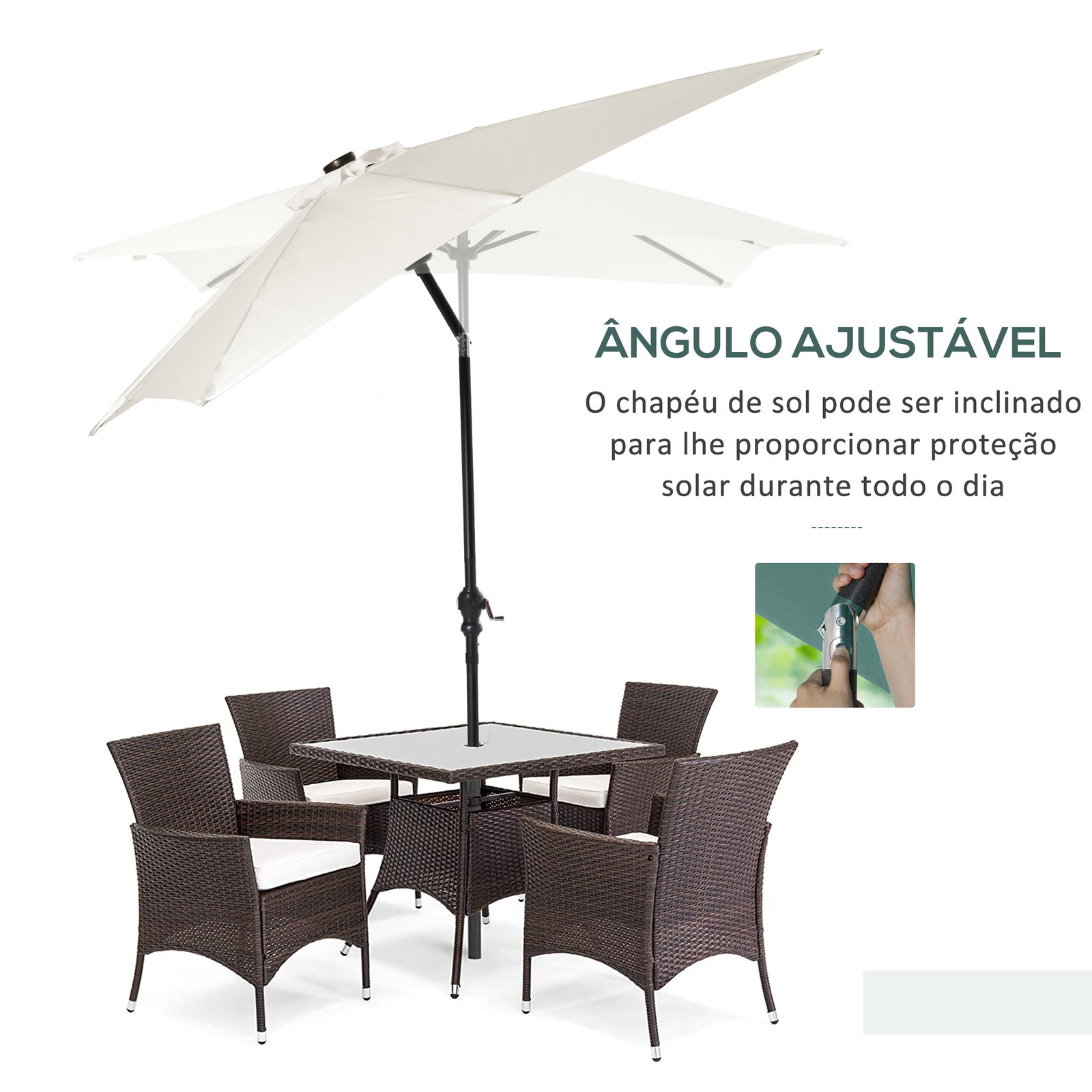 Chapéu de sol com luzes LED 268x205x248 cm chapéu de sol de jardim inclinável até 45° e abertura a manivela creme