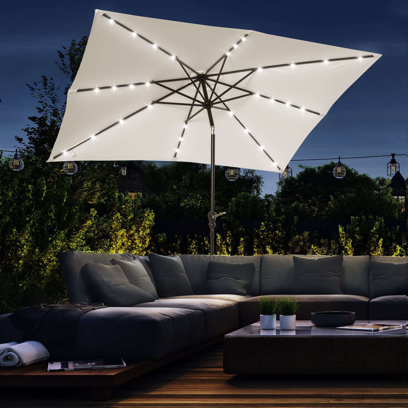 Chapéu de sol com luzes LED 268x205x248 cm chapéu de sol de jardim inclinável até 45° e abertura a manivela creme