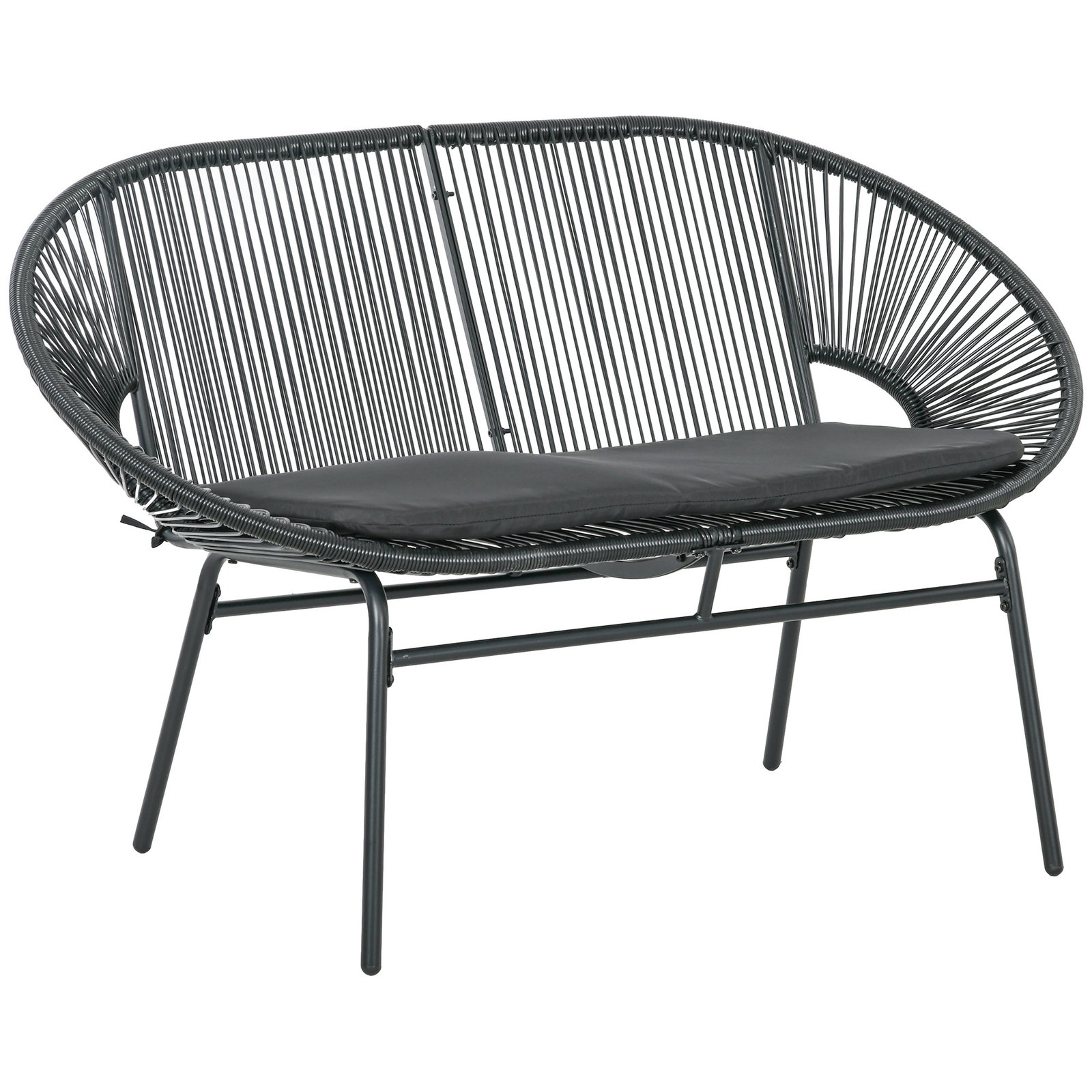 Sofá acapulco de 2 lugares com apoios de braço almofada e estrutura de aço para jardim terraço pátio 132x72x83 cm preto