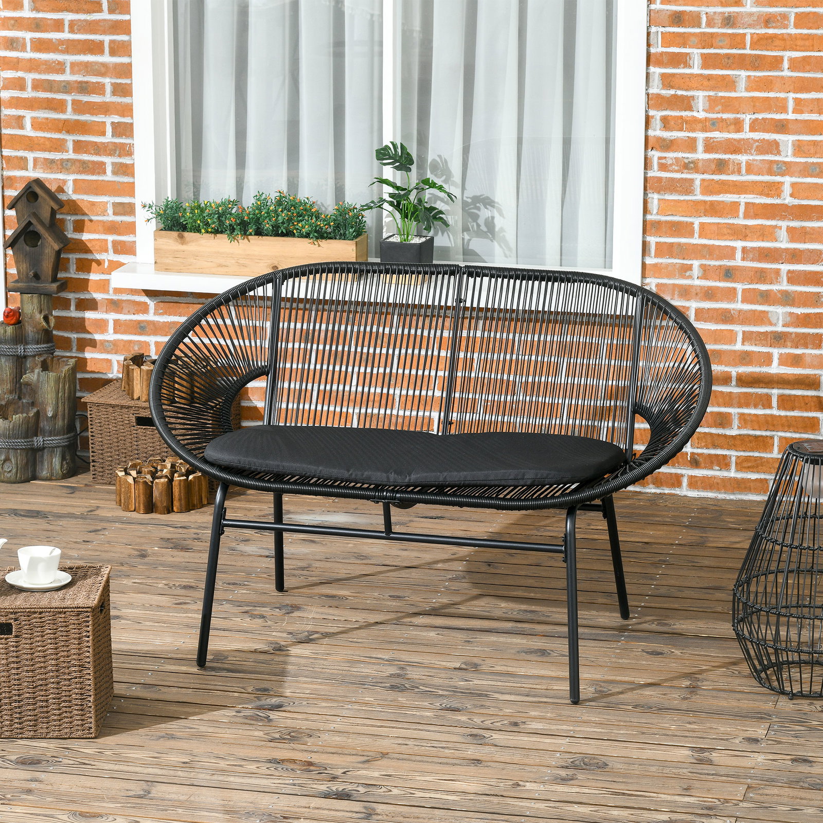 Sofá acapulco de 2 lugares com apoios de braço almofada e estrutura de aço para jardim terraço pátio 132x72x83 cm preto