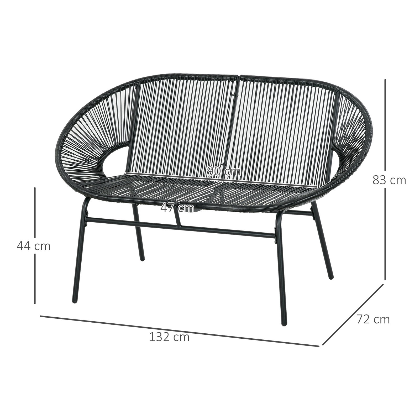 Sofá acapulco de 2 lugares com apoios de braço almofada e estrutura de aço para jardim terraço pátio 132x72x83 cm preto