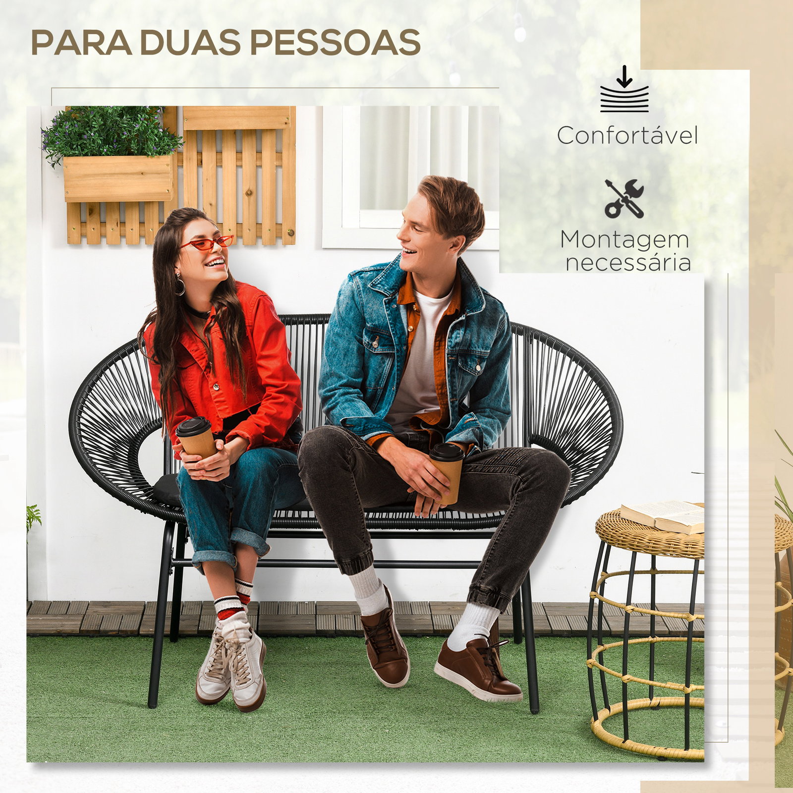 Sofá acapulco de 2 lugares com apoios de braço almofada e estrutura de aço para jardim terraço pátio 132x72x83 cm preto
