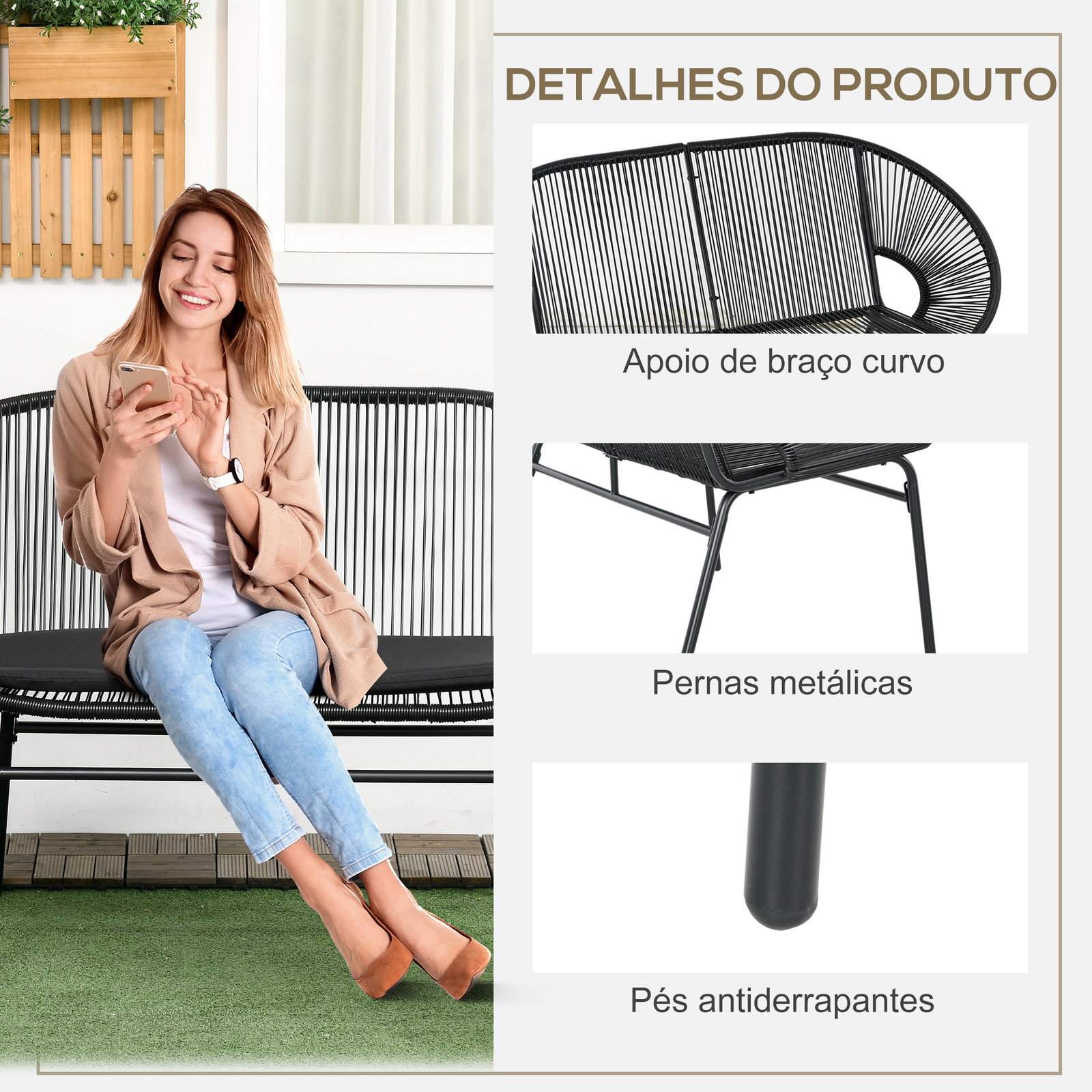 Sofá acapulco de 2 lugares com apoios de braço almofada e estrutura de aço para jardim terraço pátio 132x72x83 cm preto