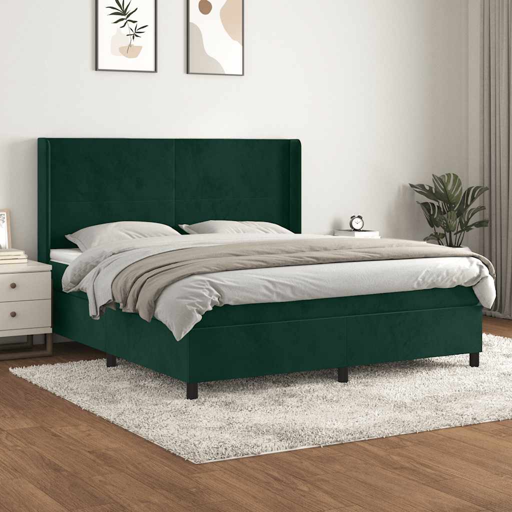 Cama com molas/colchão 160x200 cm veludo verde-escuro