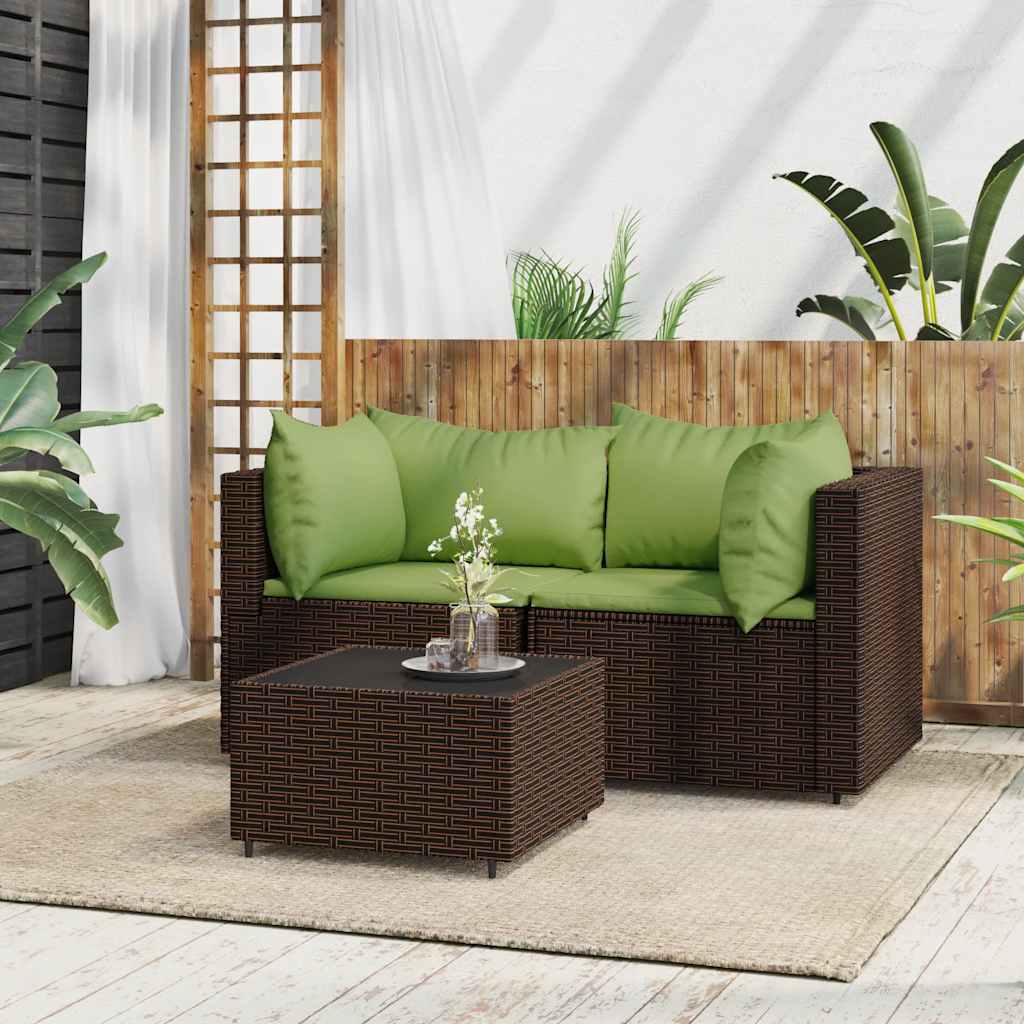3 Pcs conjunto lounge jardim c/ almofadões vime PE castanho