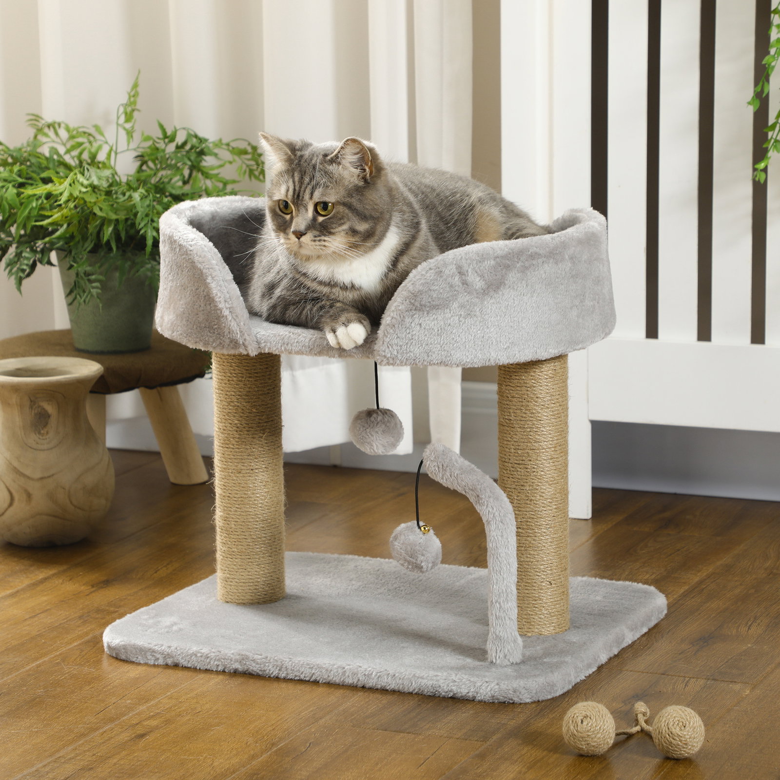 Arranhador para gatos pequenos altura 42 cm arranhador para gatos com cama bolas supensas e postes de juta 48x38x42 cm cinza