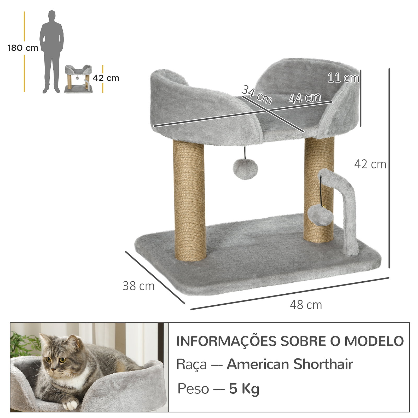 Arranhador para gatos pequenos altura 42 cm arranhador para gatos com cama bolas supensas e postes de juta 48x38x42 cm cinza