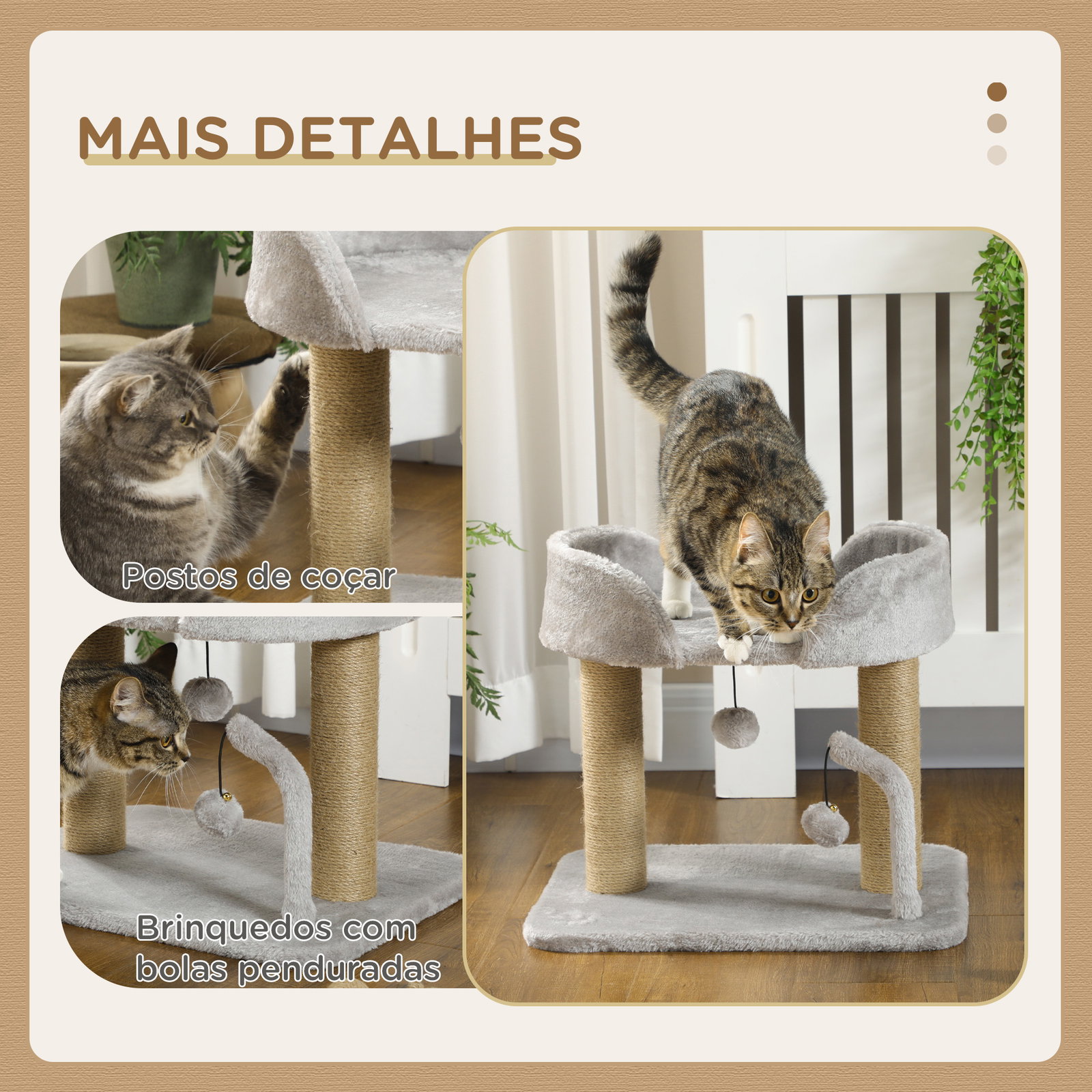 Arranhador para gatos pequenos altura 42 cm arranhador para gatos com cama bolas supensas e postes de juta 48x38x42 cm cinza