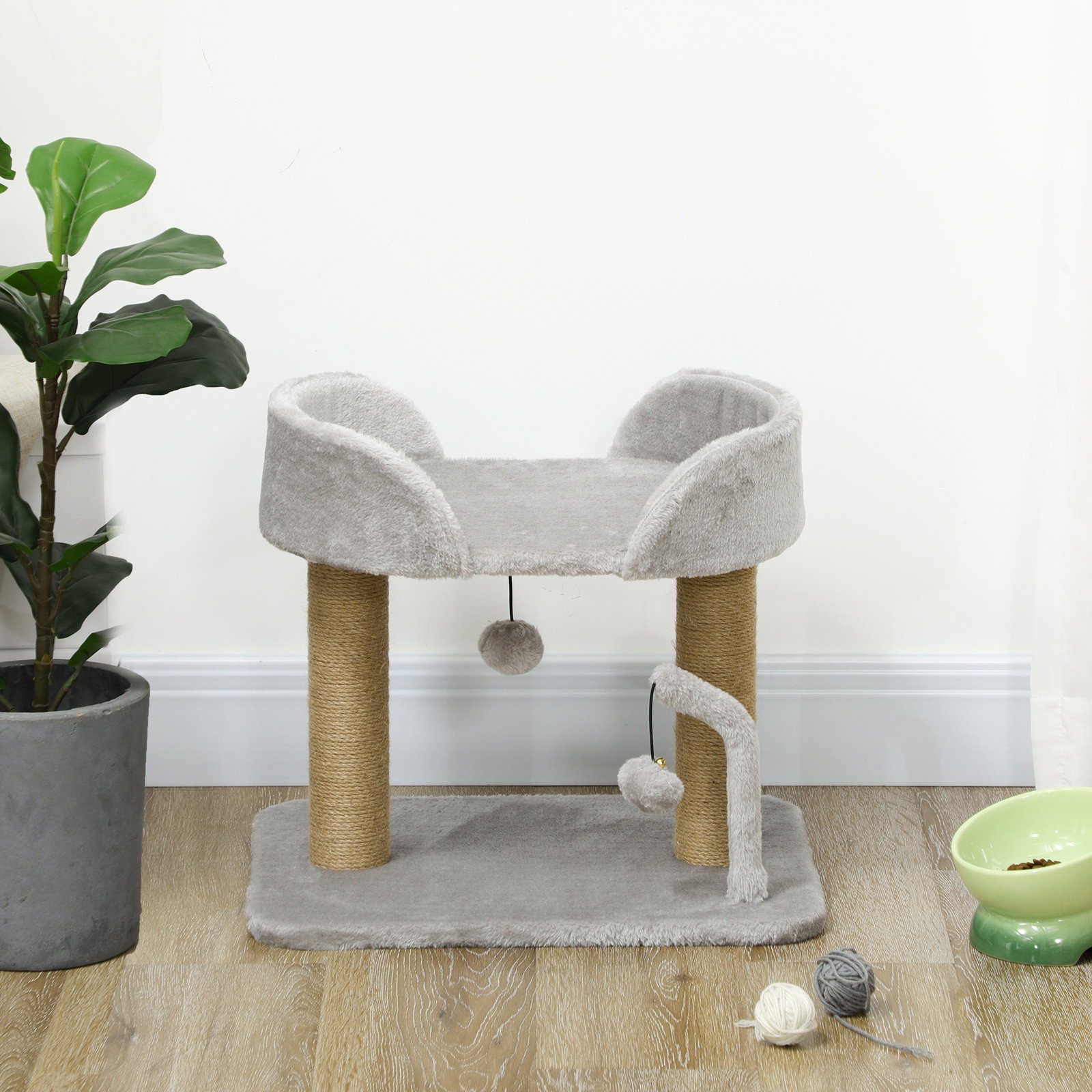 Arranhador para gatos pequenos altura 42 cm arranhador para gatos com cama bolas supensas e postes de juta 48x38x42 cm cinza