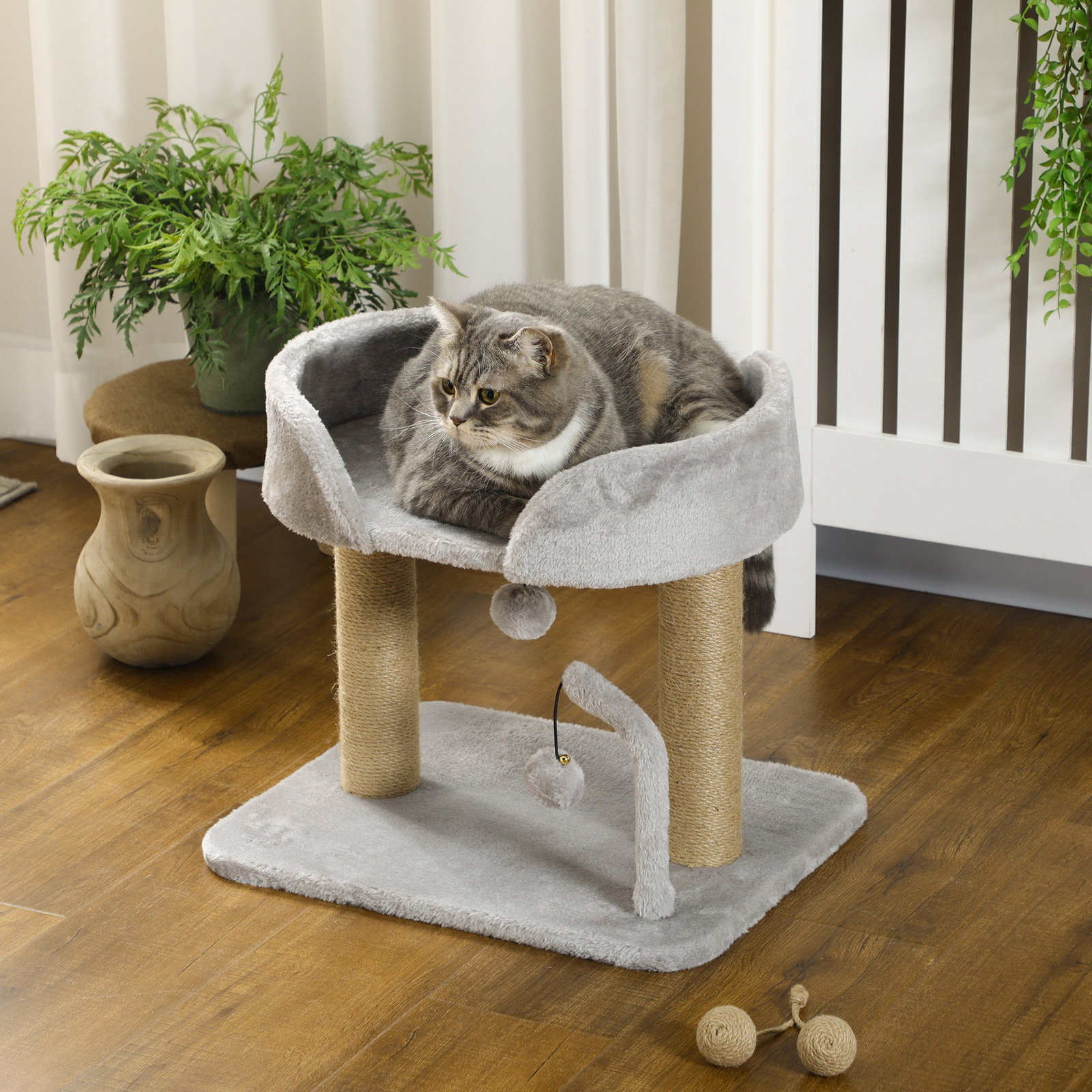 Arranhador para gatos pequenos altura 42 cm arranhador para gatos com cama bolas supensas e postes de juta 48x38x42 cm cinza