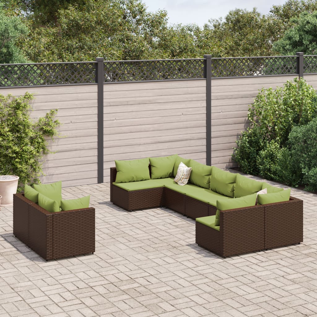 9 Pcs conjunto sofás p/ jardim c/ almofadões vime PE castanho