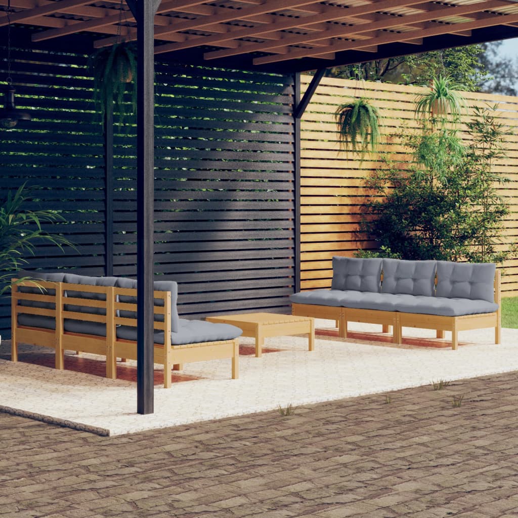 7 Pcs conjunto lounge de jardim c/ almofadões cinzentos pinho