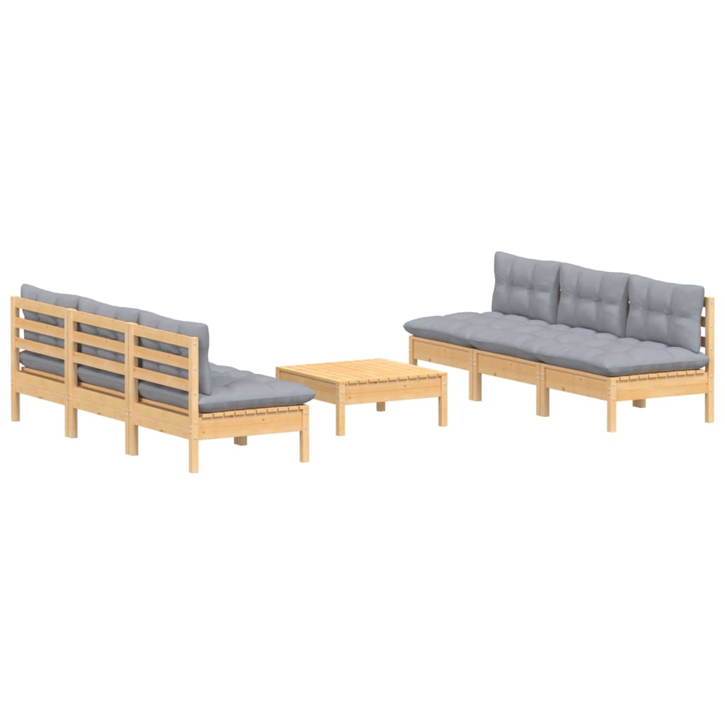 7 Pcs conjunto lounge de jardim c/ almofadões cinzentos pinho