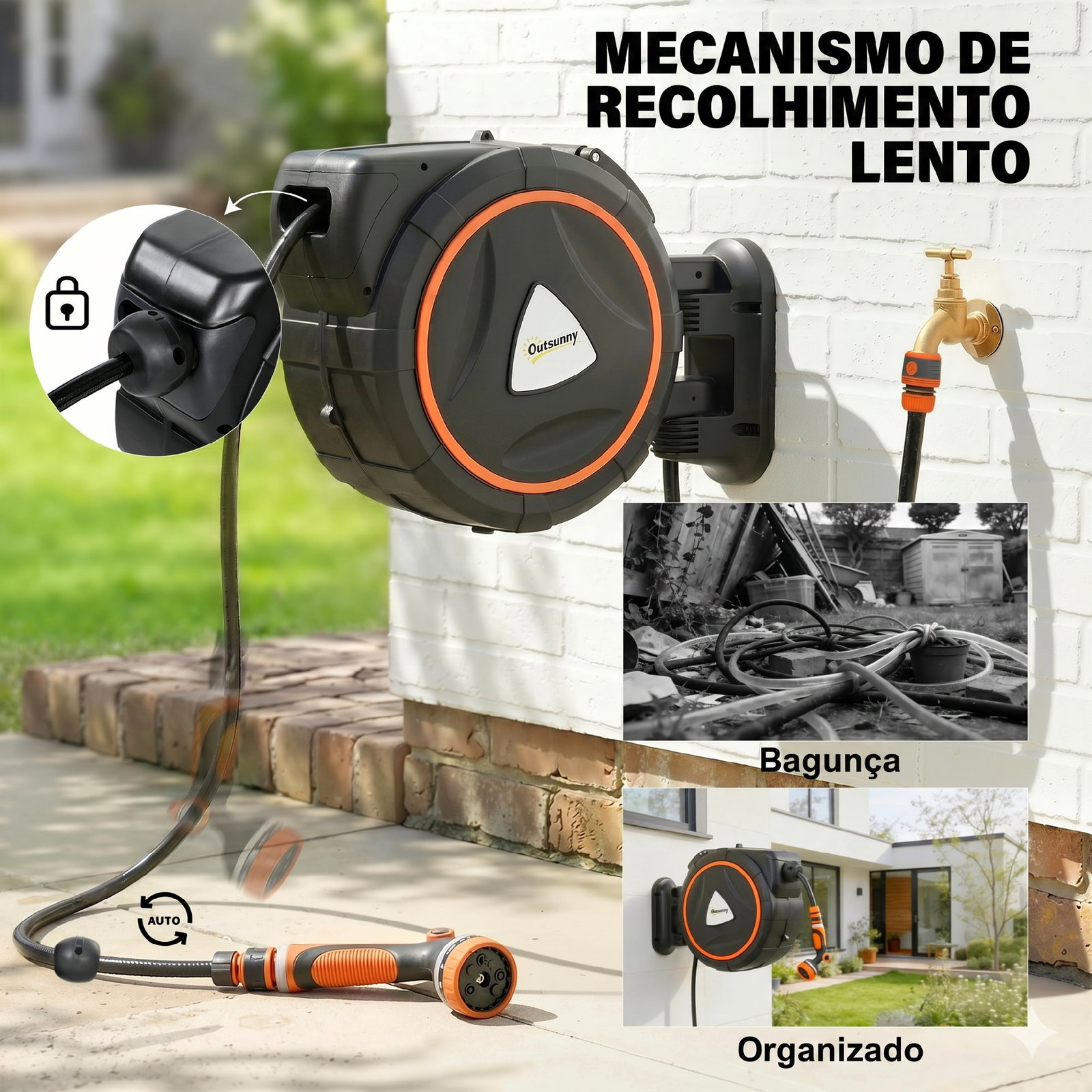 Carretel de mangueira retrátil 23+2 m com 12 modos de pulverização bloqueio automático retração controlada suporte laranja