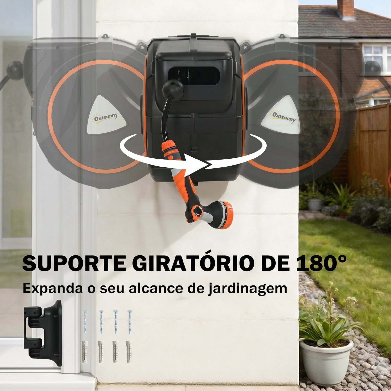 Carretel de mangueira retrátil 23+2 m com 12 modos de pulverização bloqueio automático retração controlada suporte laranja