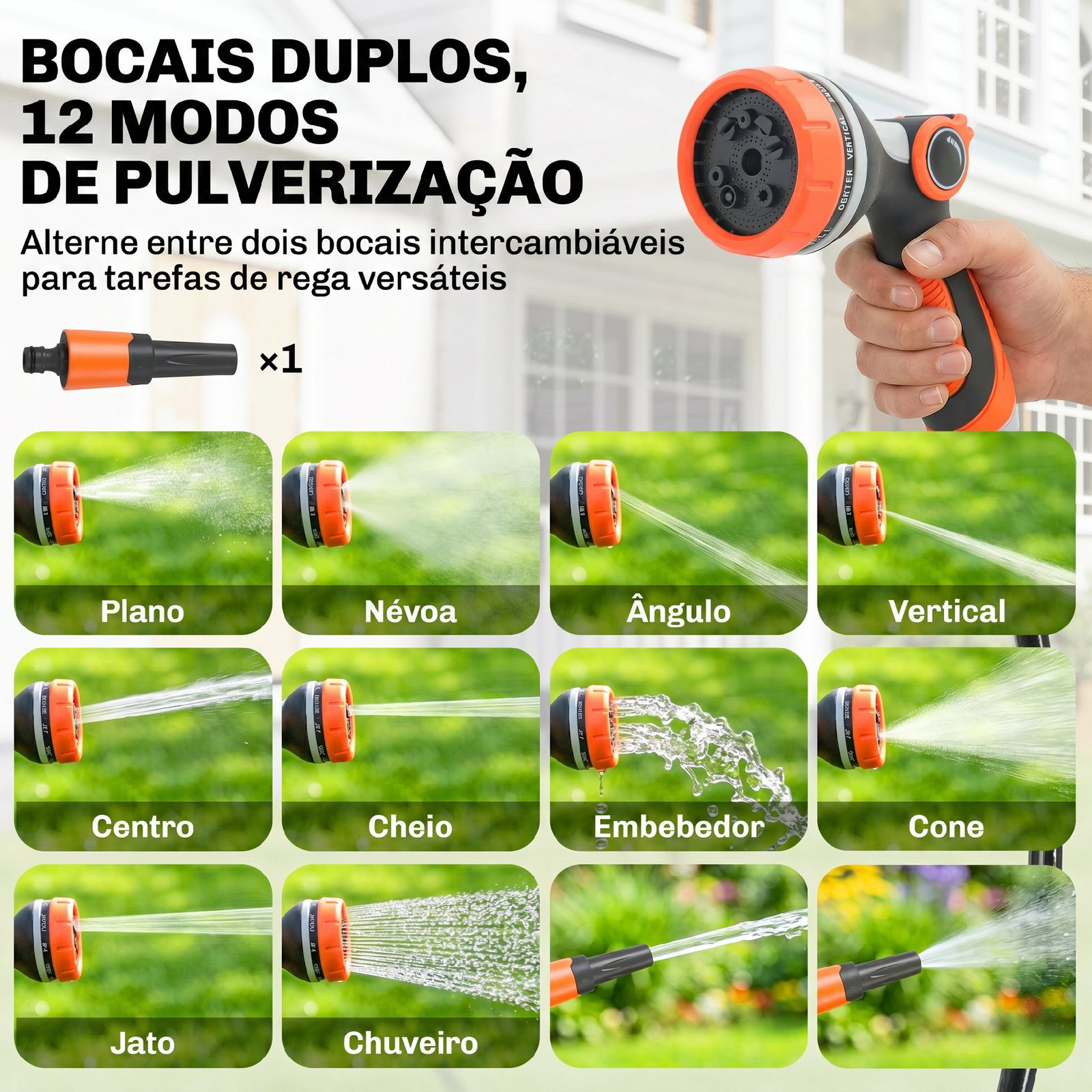 Carretel de mangueira retrátil 23+2 m com 12 modos de pulverização bloqueio automático retração controlada suporte laranja