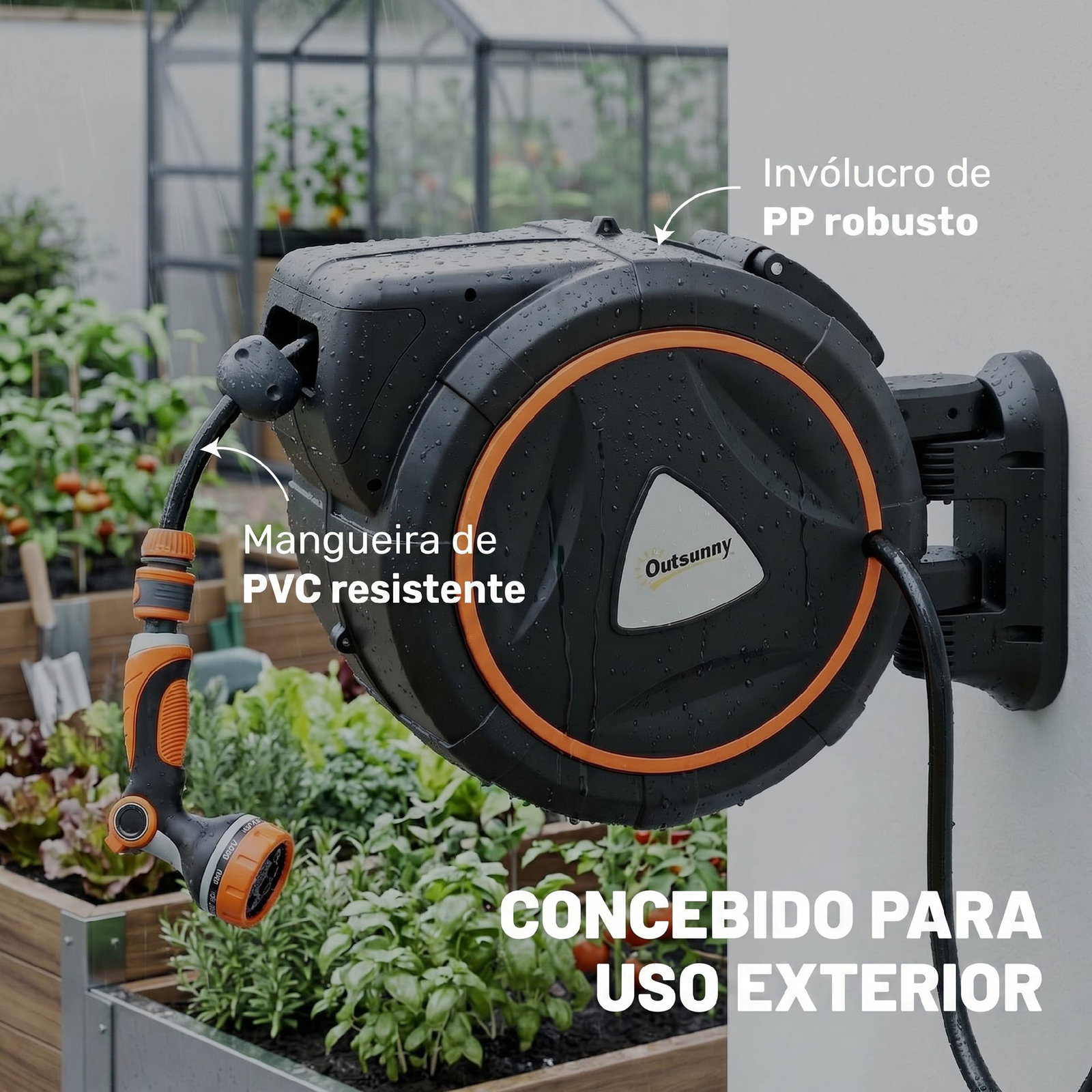 Carretel de mangueira retrátil 23+2 m com 12 modos de pulverização bloqueio automático retração controlada suporte laranja