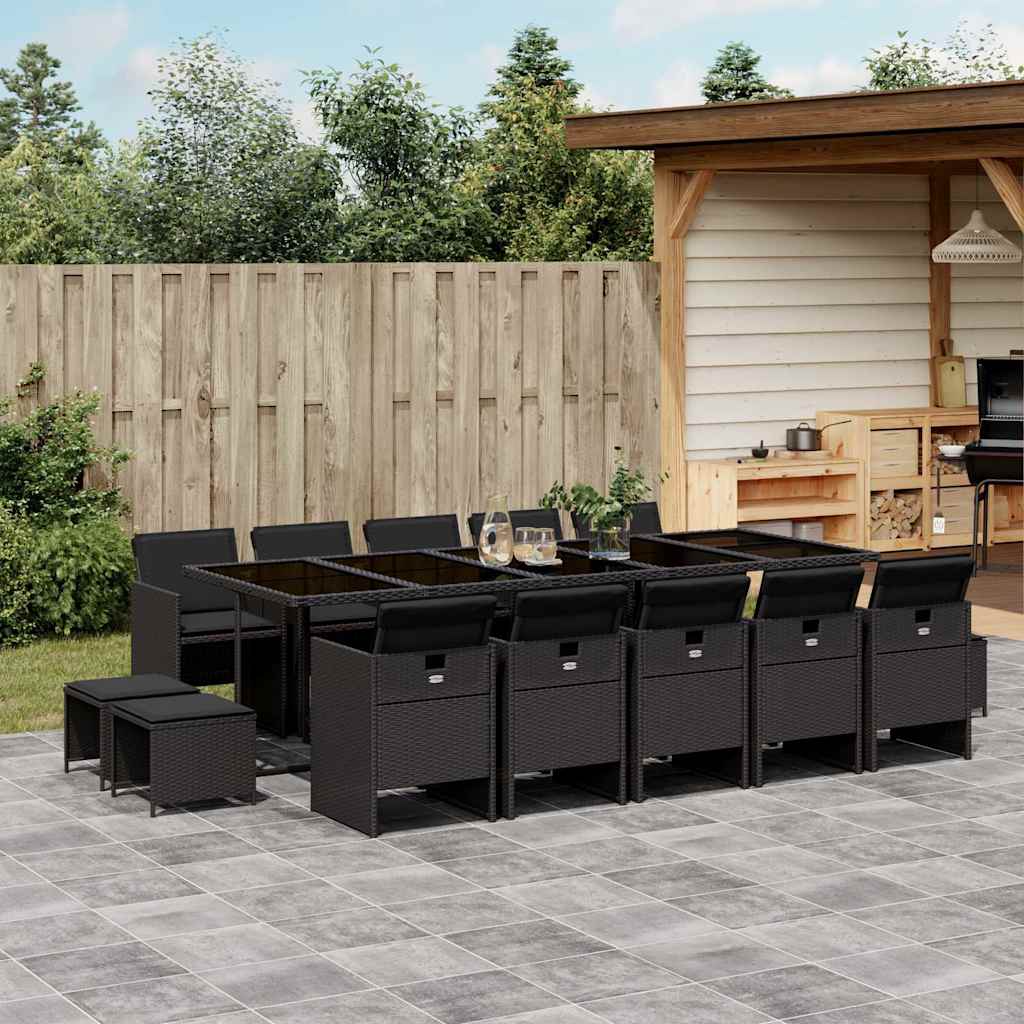 15 Pcs conjunto de jantar p/jardim com almofadões vime PE preto