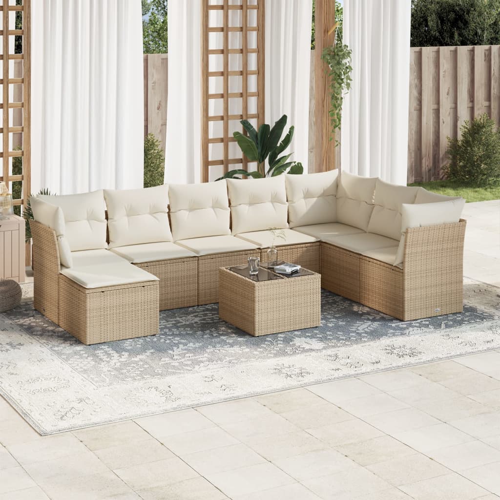 9 Pcs conjunto de sofás p/ jardim com almofadões vime PE bege