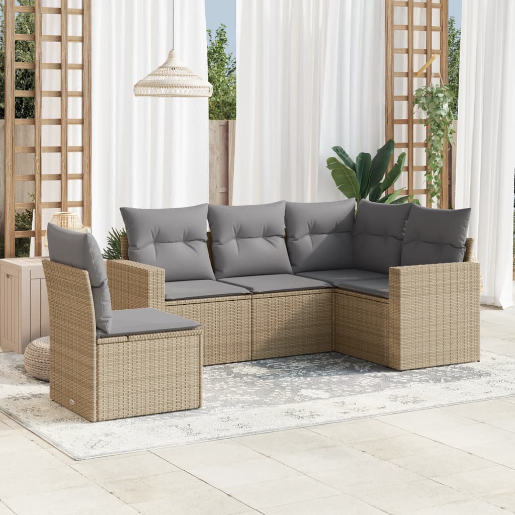 5 Pcs conjunto de sofás p/ jardim com almofadões vime PE bege