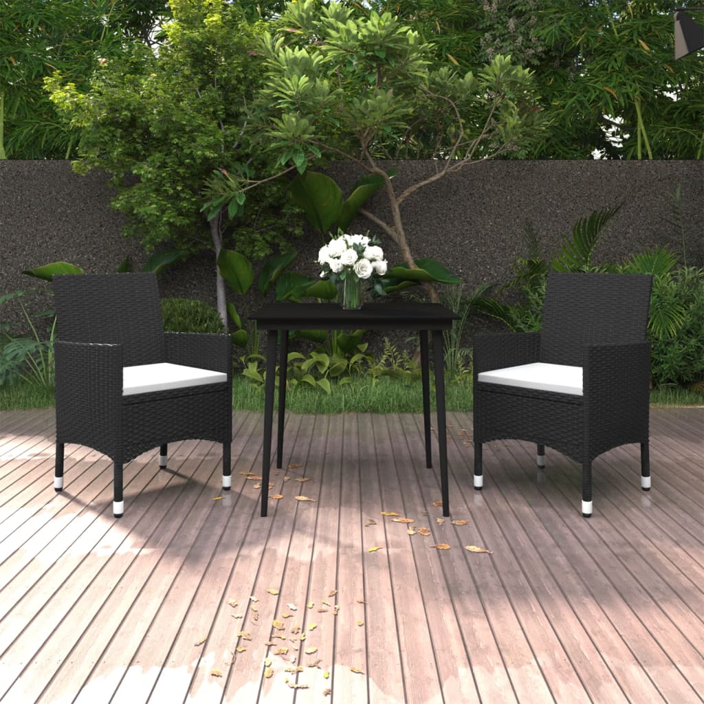 3 Pcs conjunto de jantar p/ jardim c/almofadões vime PE e vidro