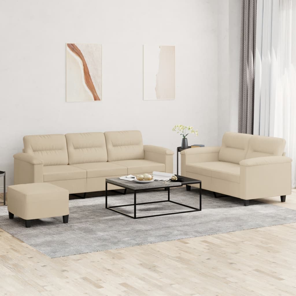 3 Pcs conj. sofás c/ almofadões tecido de microfibra cor creme