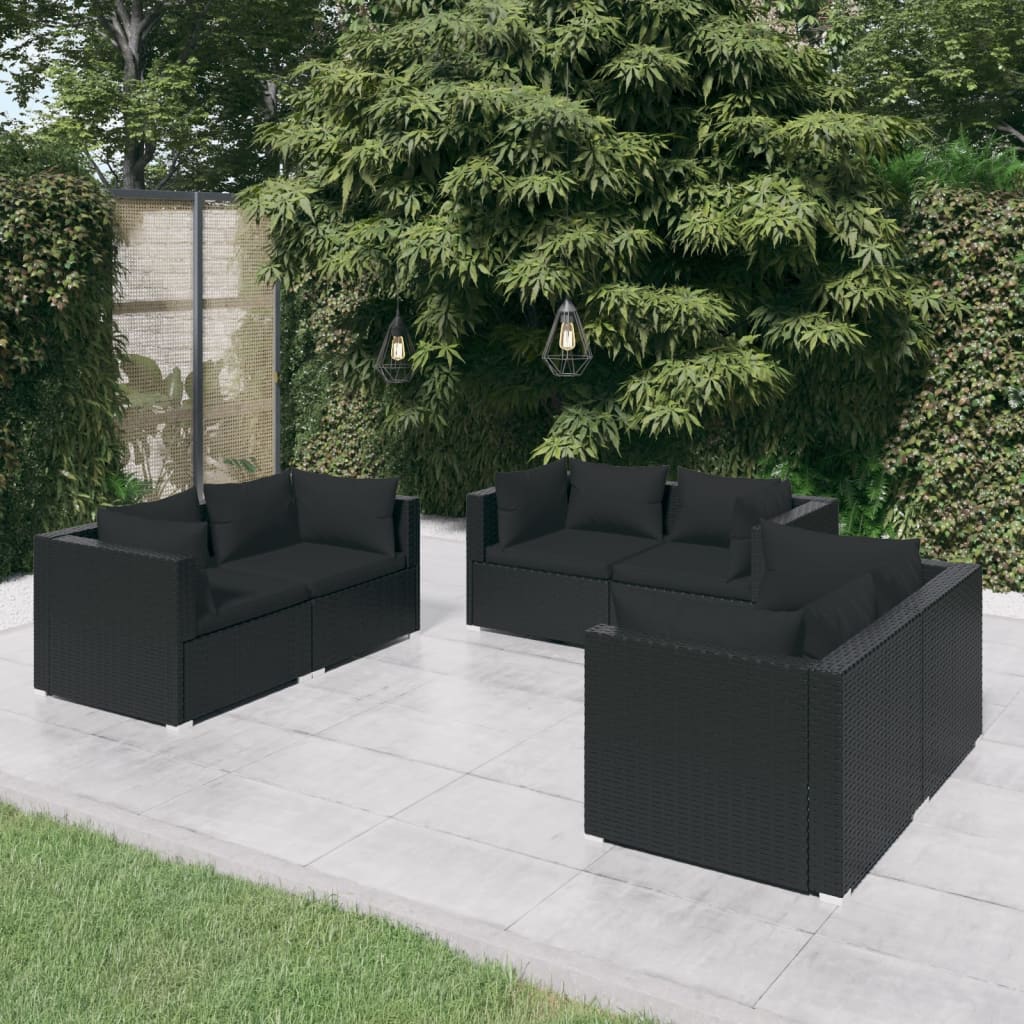 6 Pcs conjunto lounge de jardim c/ almofadões vime PE preto
