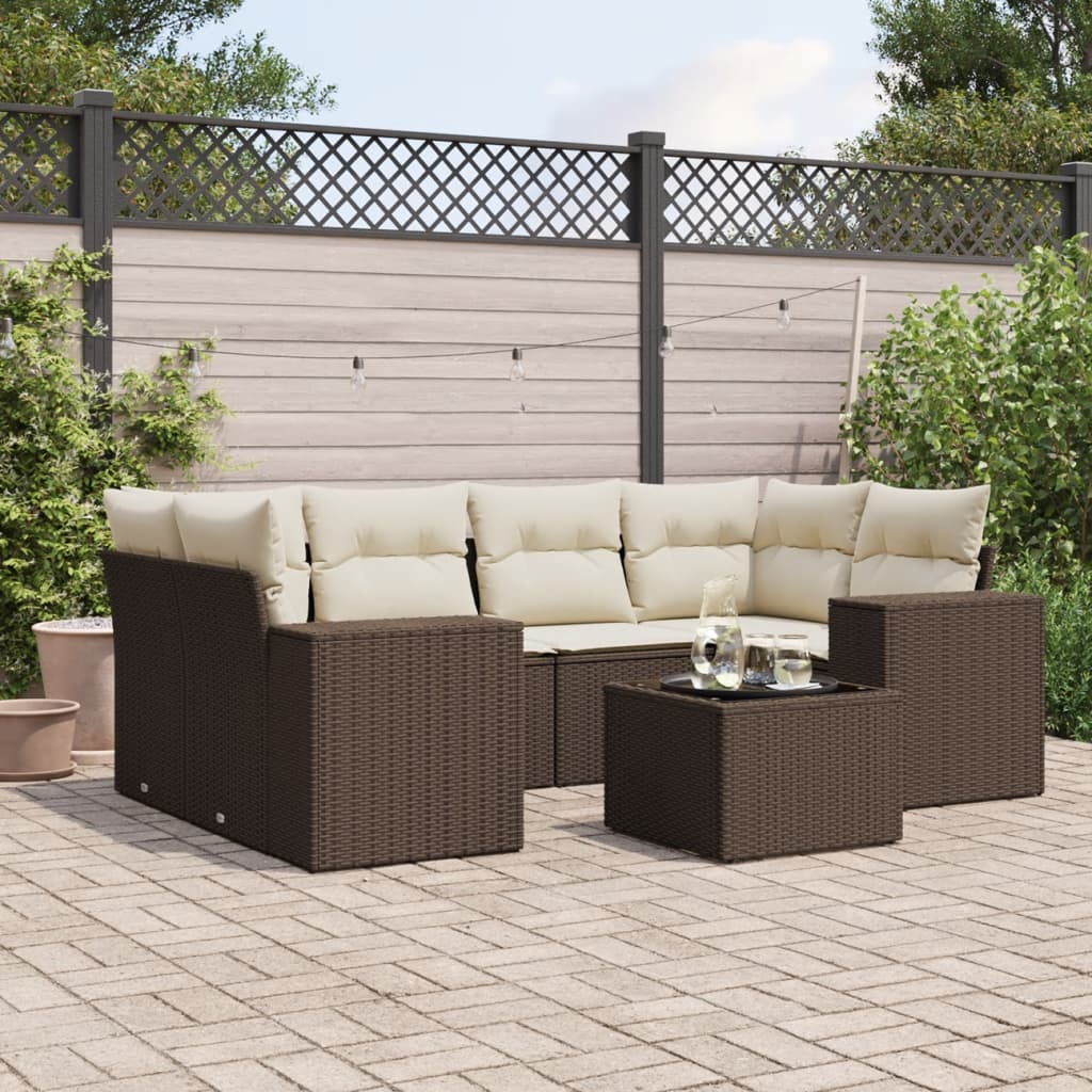 7 Pcs conjunto de sofás jardim c/ almofadões vime PE castanho