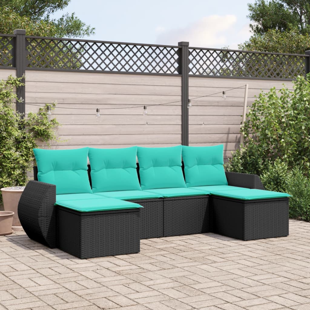Conjunto de sofá de jardim com 6 peças e almofadas em rattan sintético preto