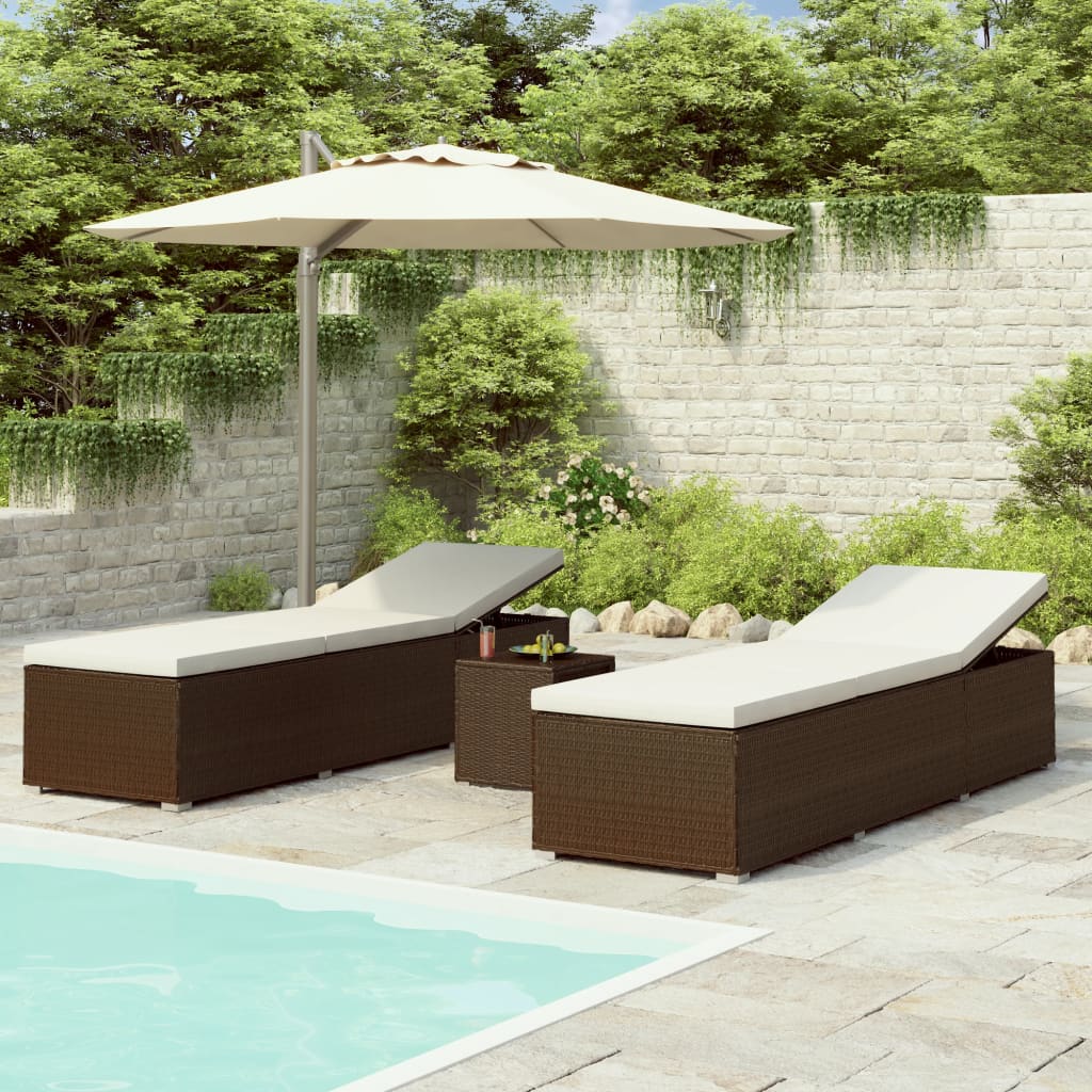 3 Pcs espreguiçadeiras jardim c/ mesa centro vime PE castanho