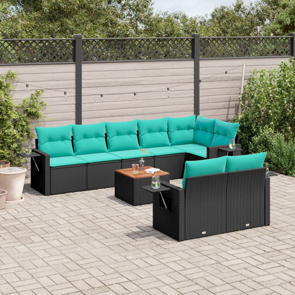 Conjunto de sofá de jardim de 9 peças com almofadas em rattan sintético preto