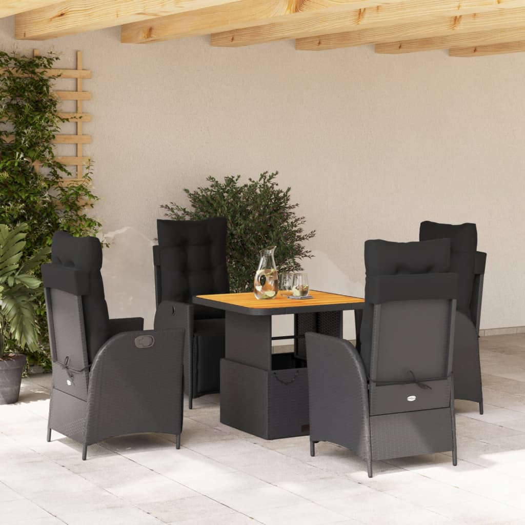 5 Pcs conjunto de jantar p/ jardim c/ almofadões vime PE preto