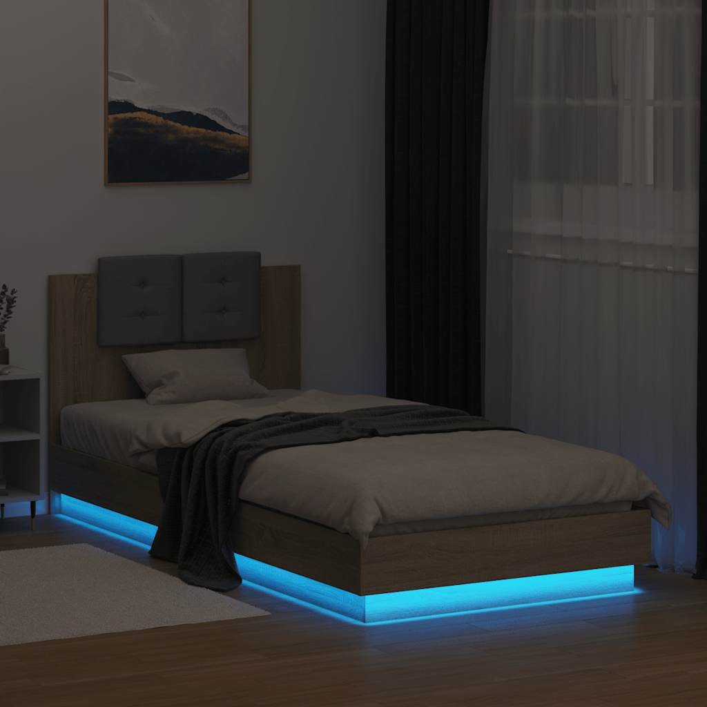 Estrutura cama c/ cabeceira/luzes LED 100x200cm carvalho sonoma