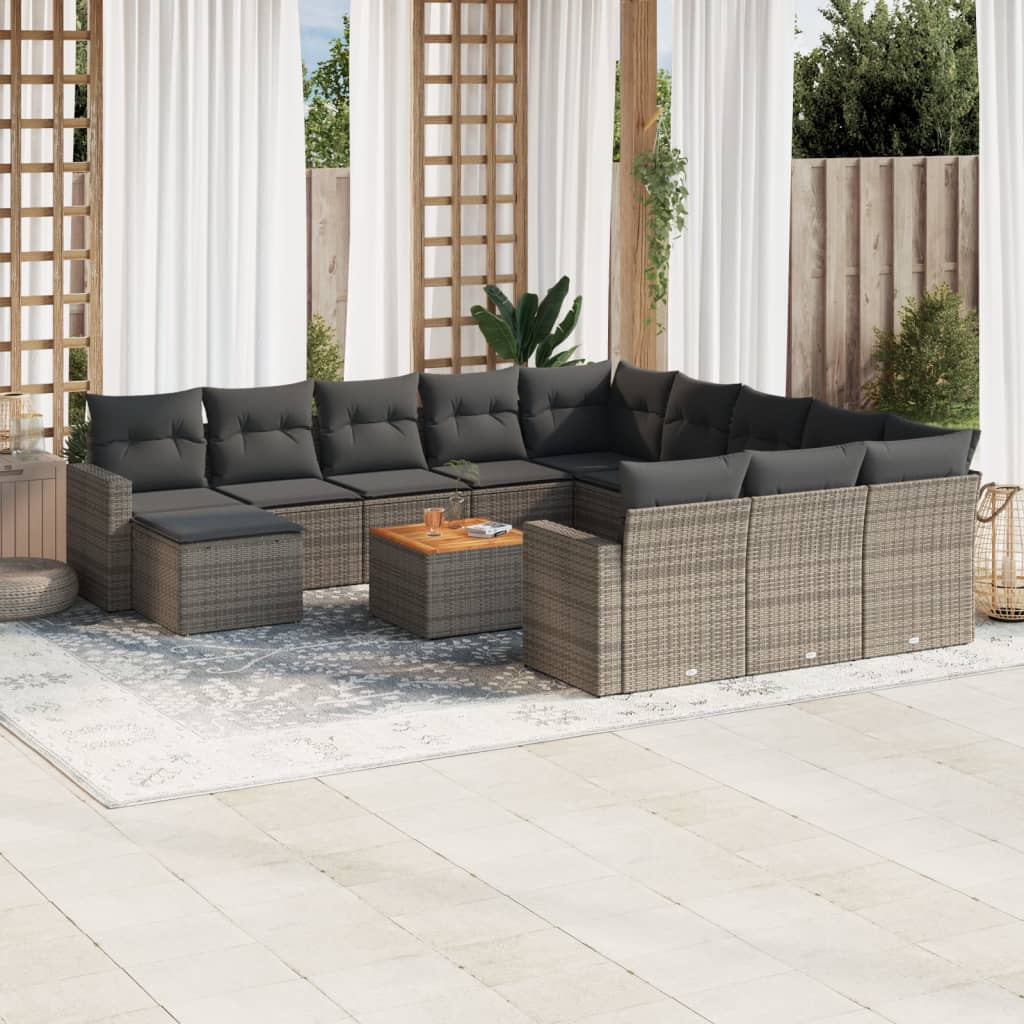 13 Pcs conjunto sofás p/ jardim c/ almofadões vime PE cinzento