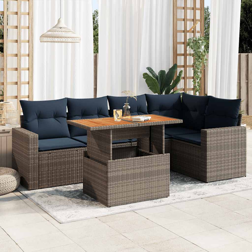 6 Pcs conjunto sofás de jardim com almofadões vime cinzento
