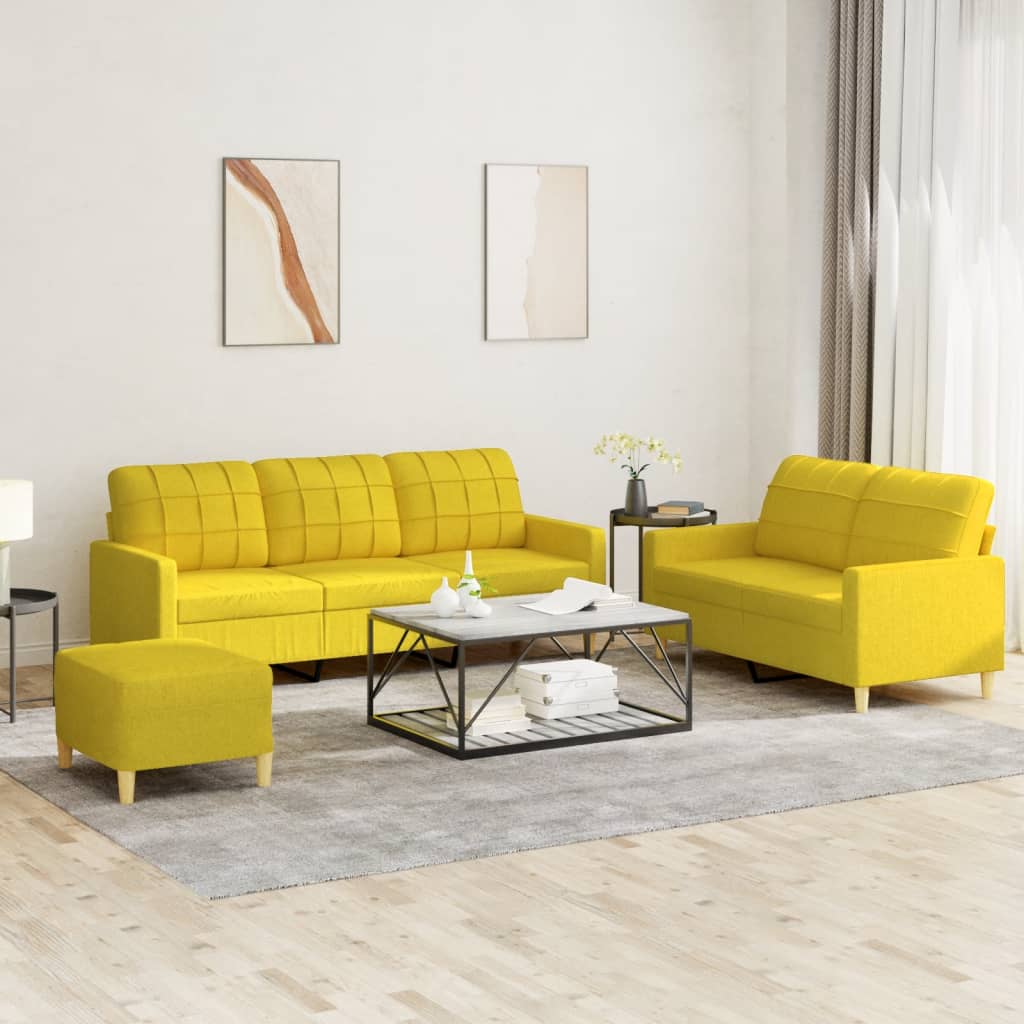 3 Pcs conjunto de sofás com almofadões tecido amarelo-claro