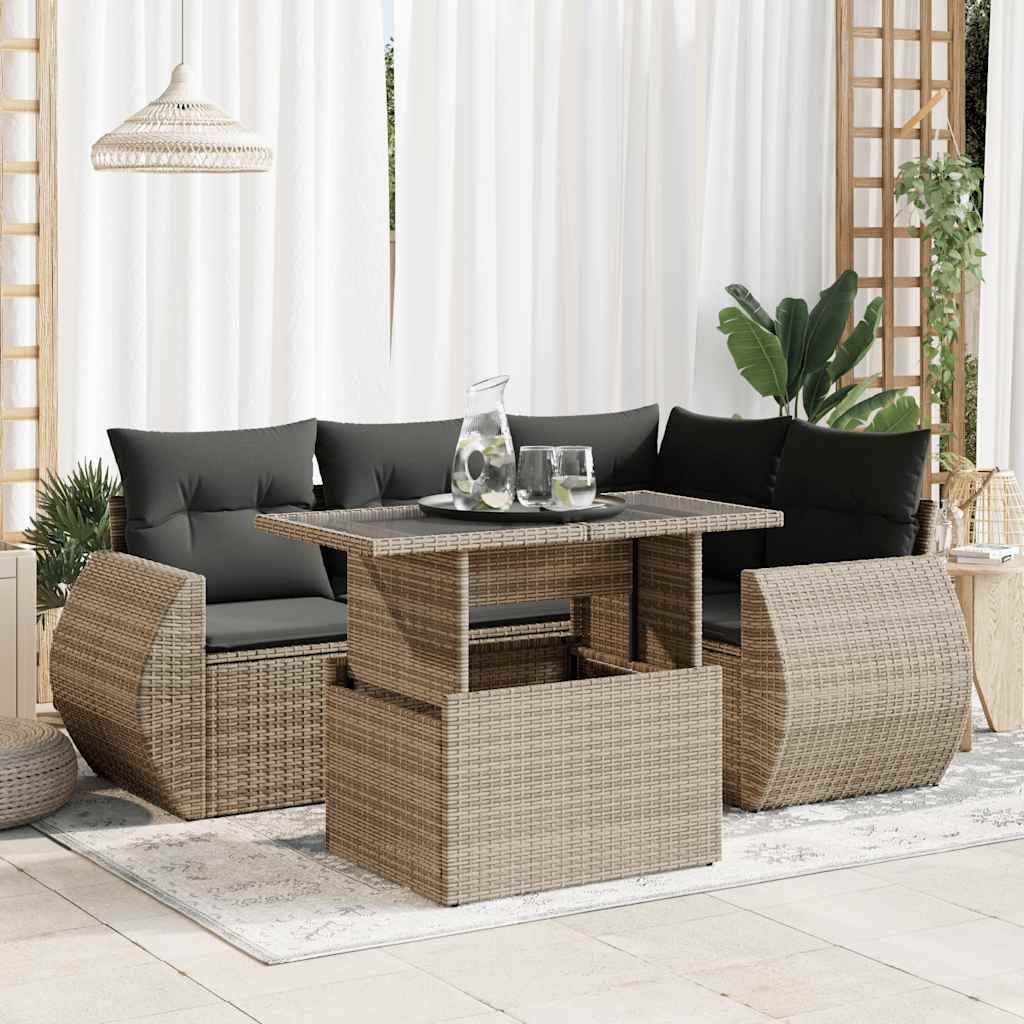 5 Pcs conjunto sofás de jardim c/ almofadões vime PE cinzento