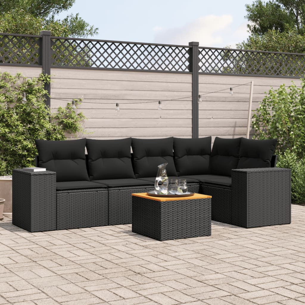 6 Pcs conjunto sofás de jardim c/ almofadões vime PE preto