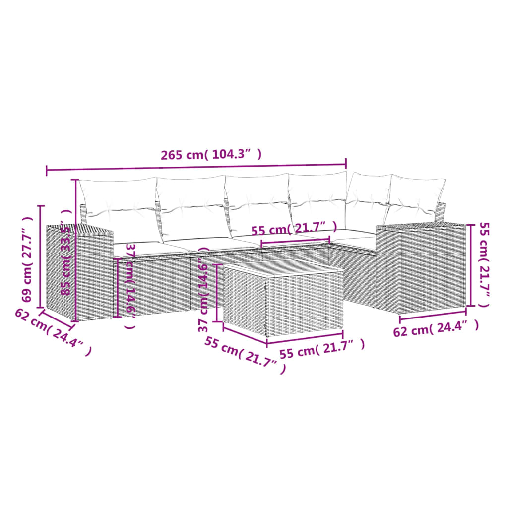 6 Pcs conjunto sofás de jardim c/ almofadões vime PE preto
