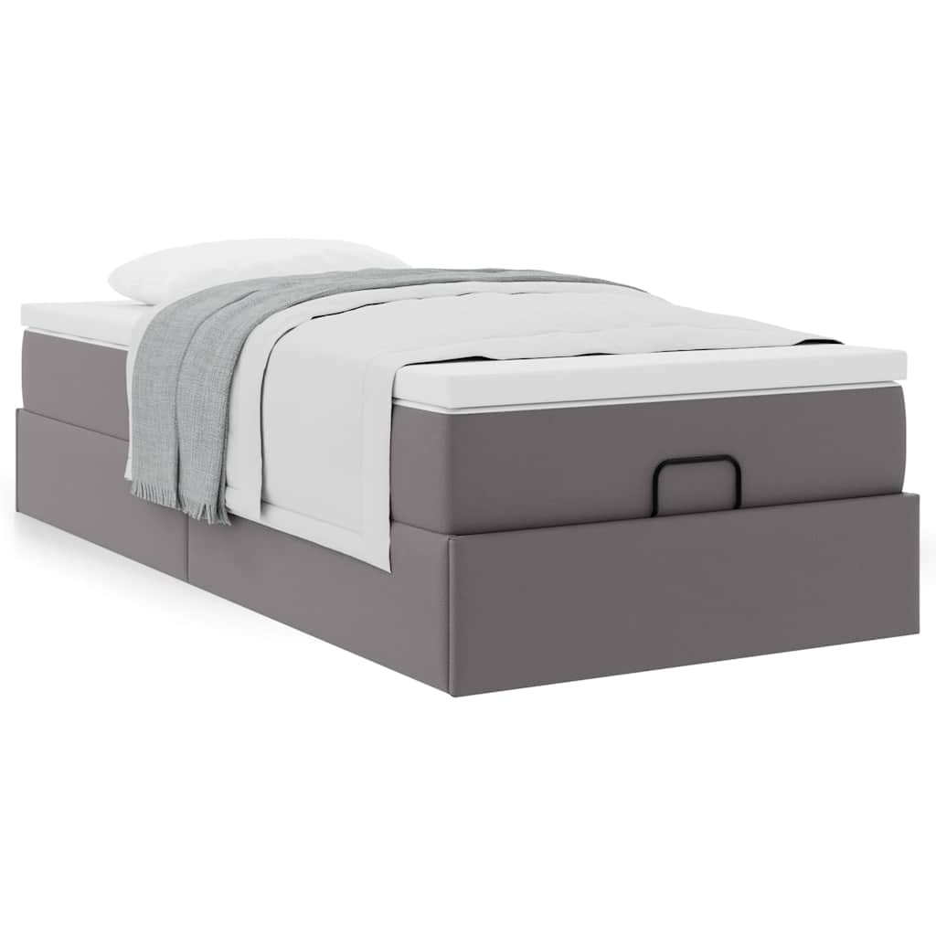 Estrutura de cama otomana com colchão cinza couro falso