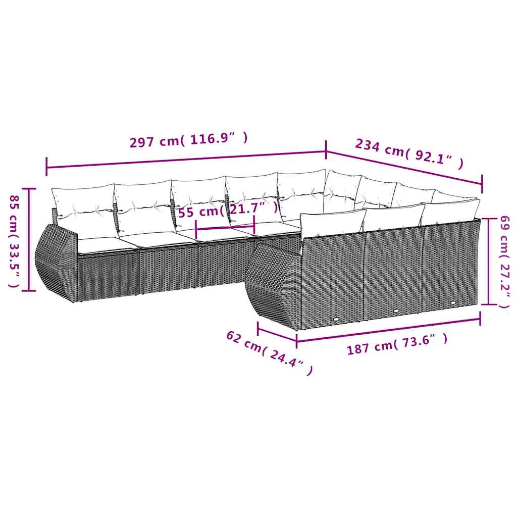10 Pcs conjunto sofás de jardim c/ almofadões vime PE preto