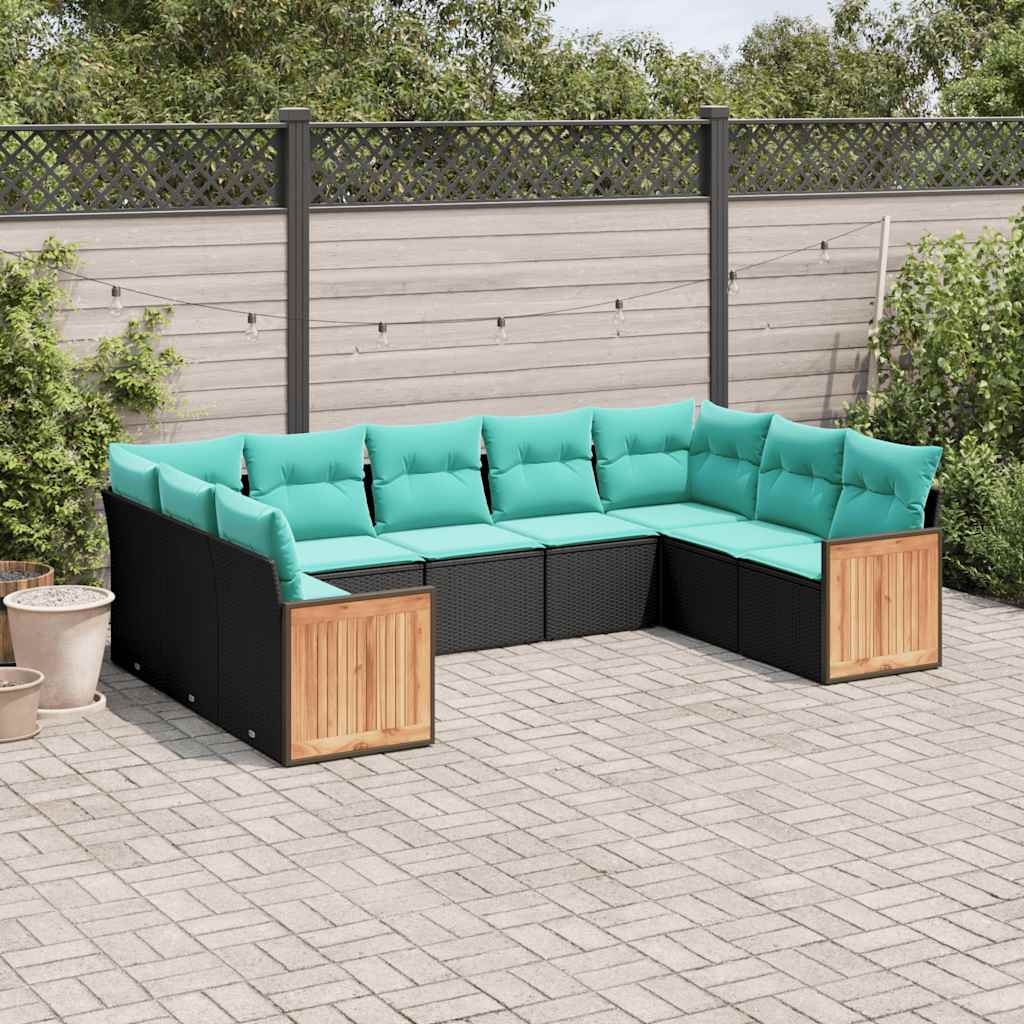 Conjunto de sofá de jardim de 9 peças com almofadas em rattan sintético preto
