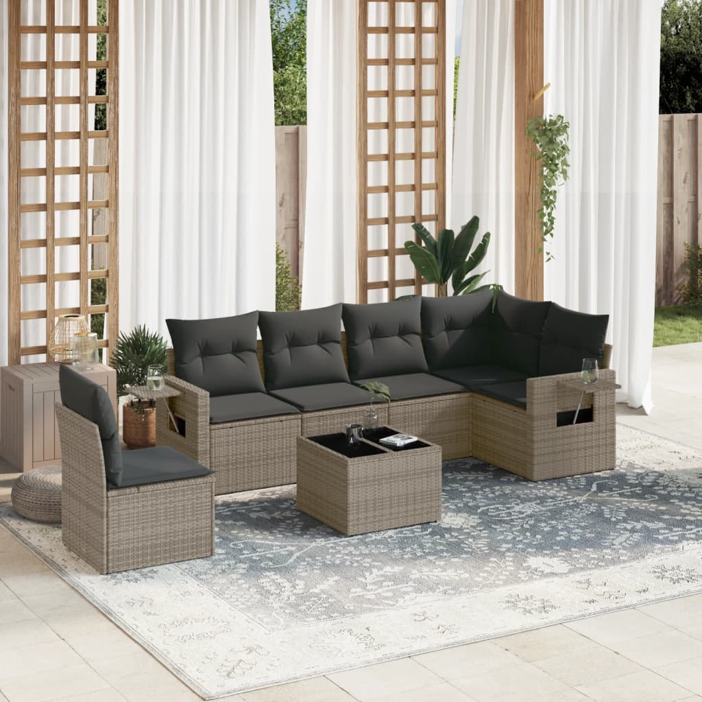 7 Pcs conjunto sofás p/ jardim c/ almofadões vime PE cinzento