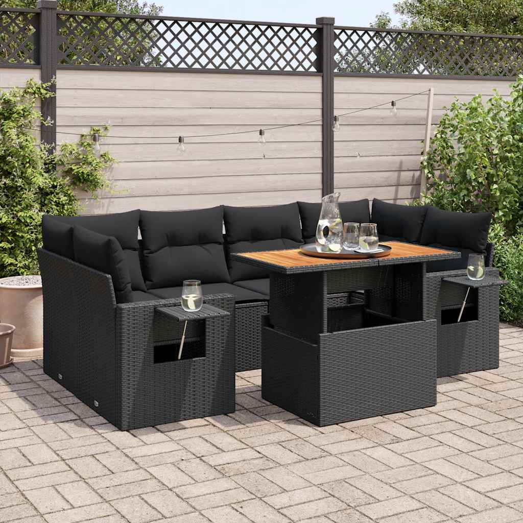 7 Pcs conjunto de sofás p/ jardim c/ almofadões vime PE preto