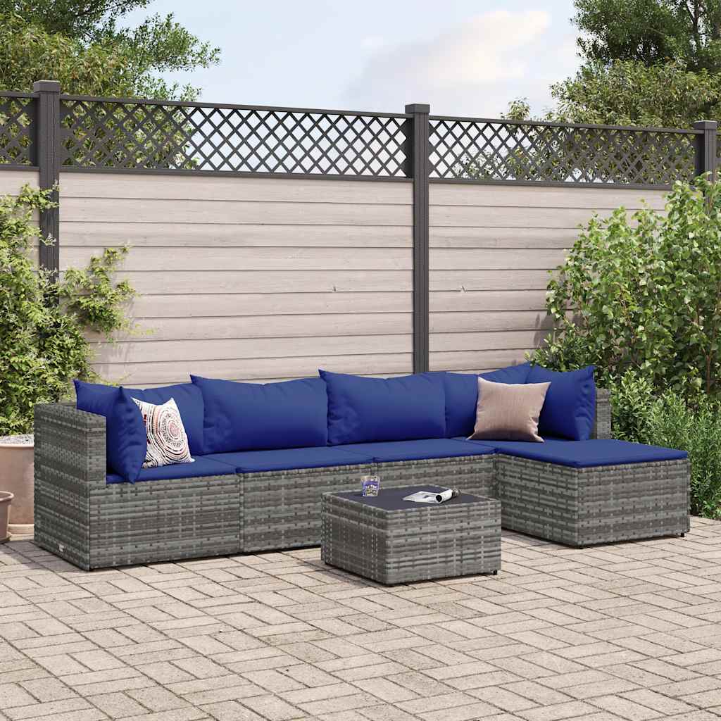 6 Pcs conjunto lounge de jardim c/ almofadões vime PE cinzento