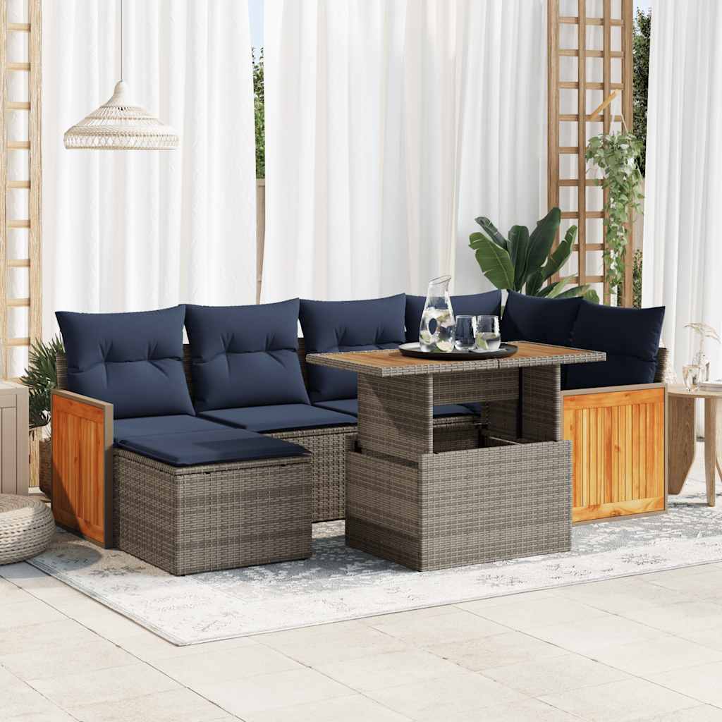 7 Pcs conjunto sofás jardim c/ almofadões vime PE/acácia preto