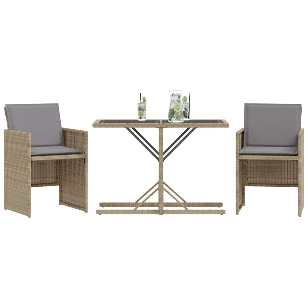 3 Pcs conjunto bistrô com almofadões vime PE bege misturado