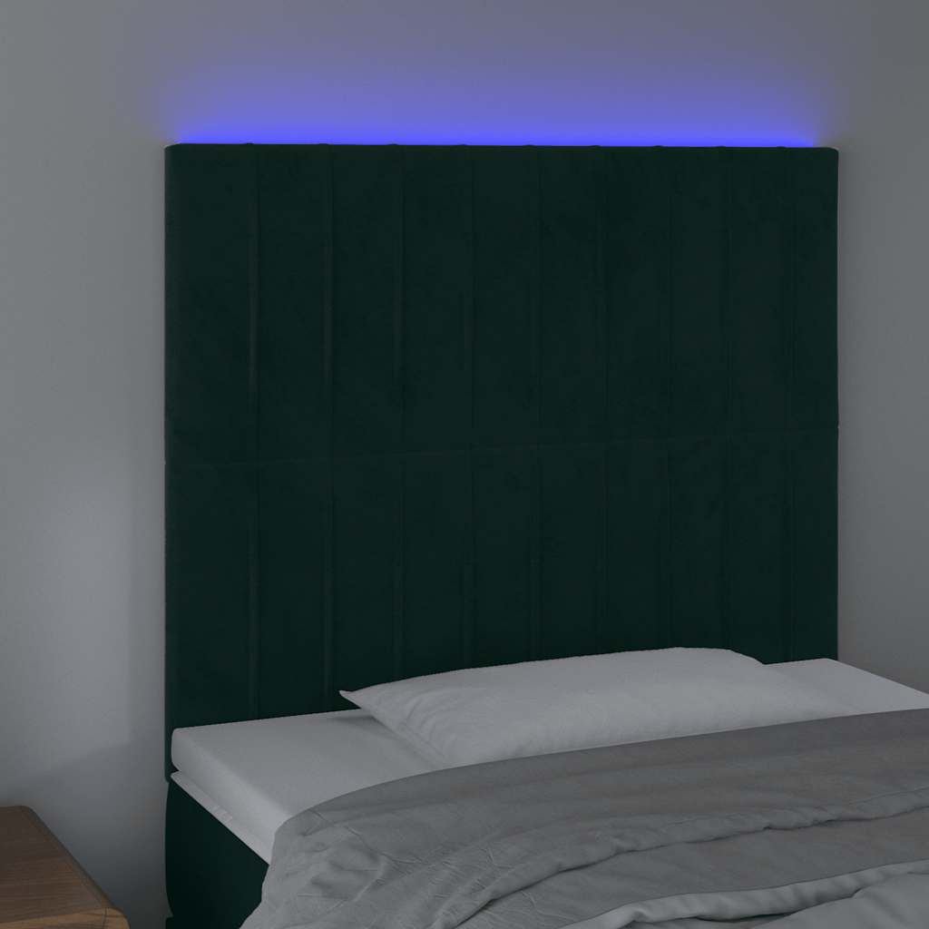 Cabeceira de cama c/ LED veludo 100x5x118/128 cm verde-escuro
