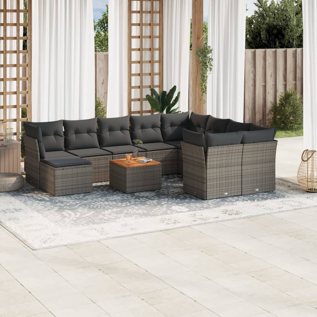 11 Pcs conjunto sofás de jardim c/ almofadões vime PE cinzento